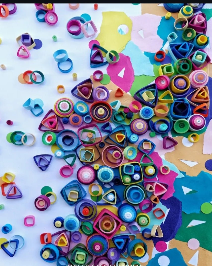 Abstract artwork titled The Edge: Dimensions of the Infinite by Yasser Safy Elrahman, featuring intricate geometric patterns and vibrant colors.