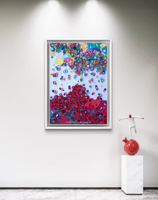 Abstract artwork titled "The Edge: Dimensions of the Infinite" by Yasser Safy Elrahman, featuring vibrant, geometric patterns and dynamic shapes.