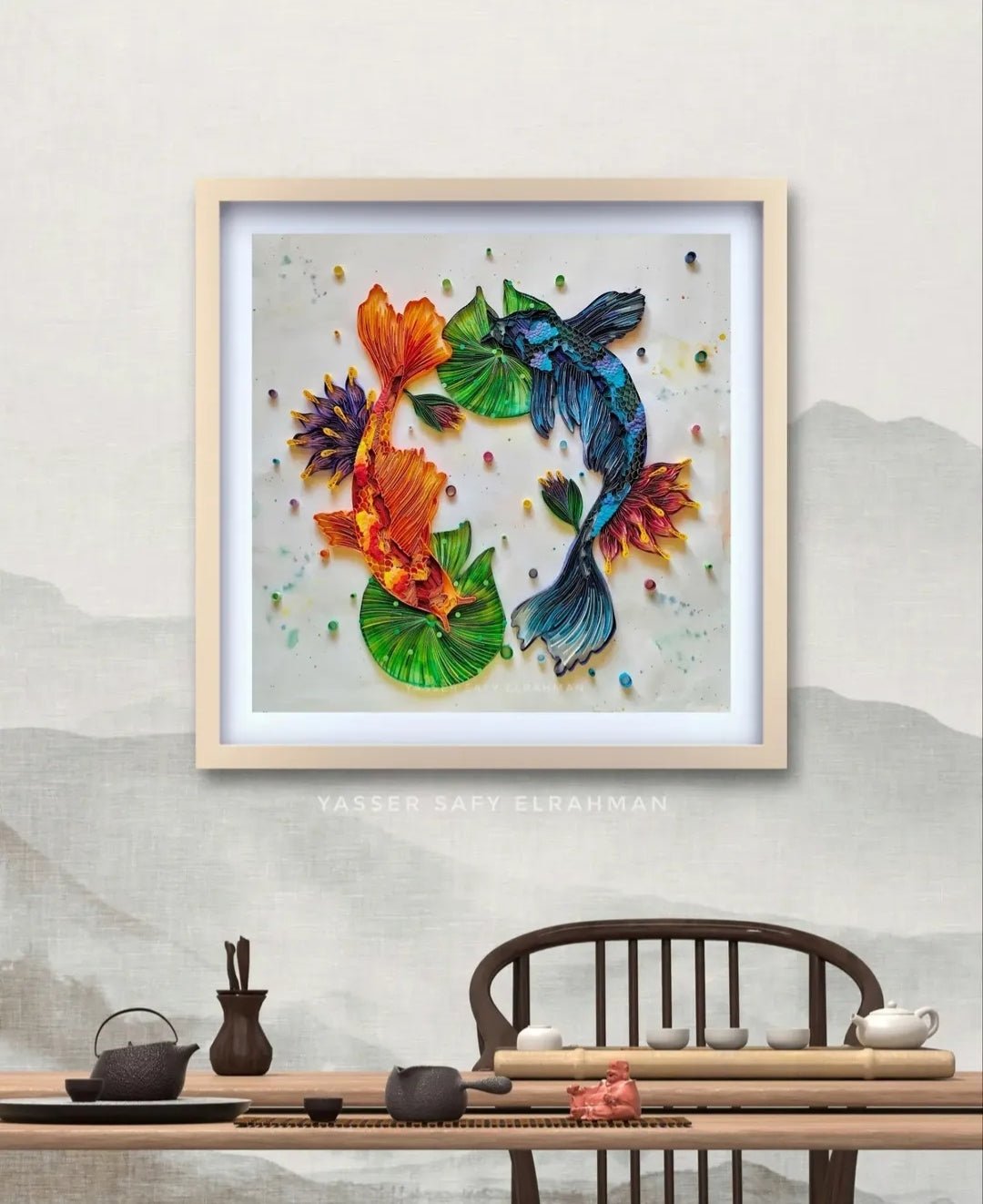 Abstract artwork titled "The Flow: The Art of Letting Go" by Yasser Safy Elrahman, featuring flowing shapes and calming colors.