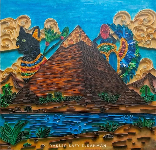 Colorful artwork of The Great Pyramid with guardians of the Nile, created by Yasser Safy Elrahman, showcasing Egyptian historical motifs.