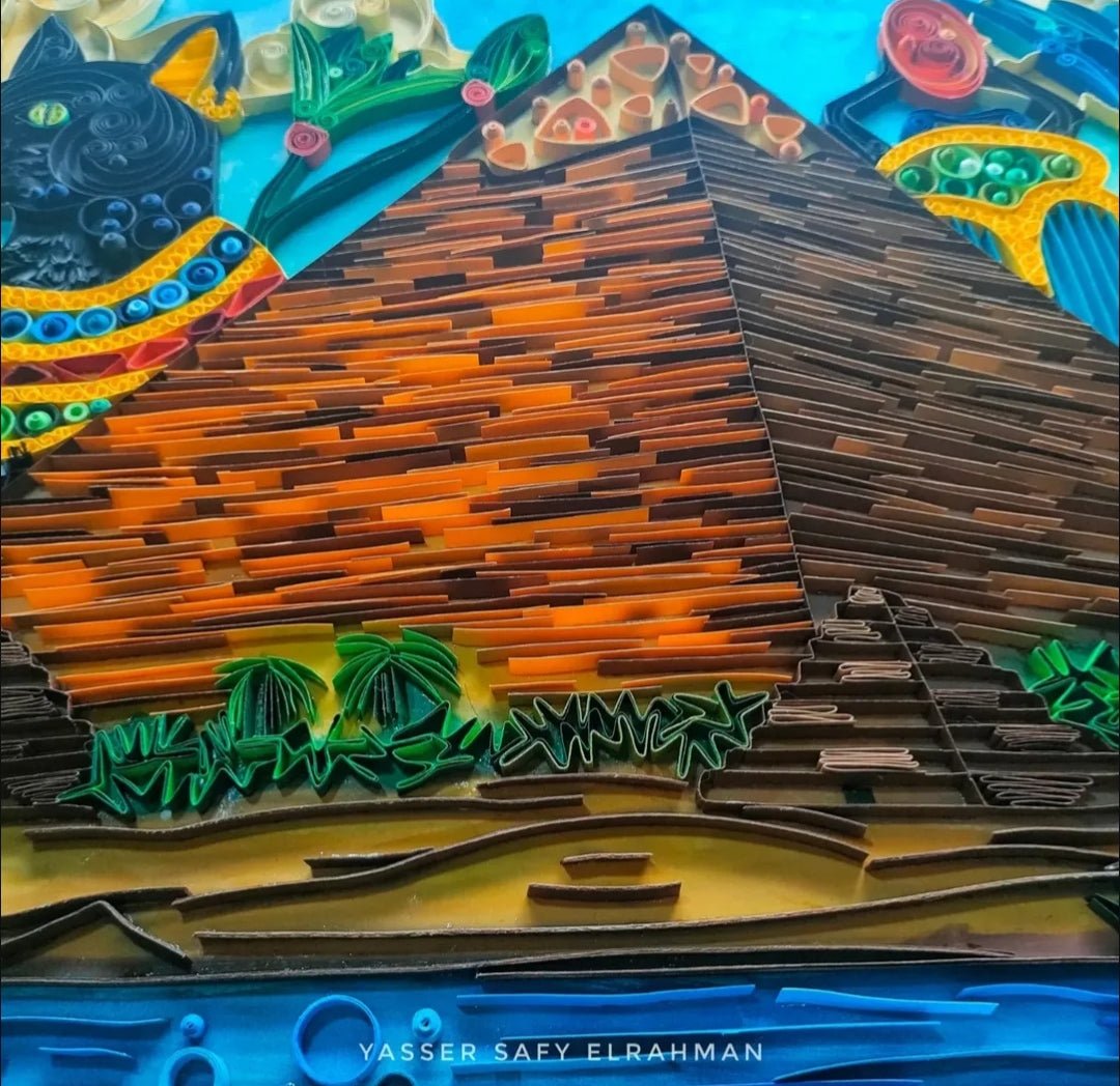 Colorful artwork of The Great Pyramid and Nile guardians by Yasser Safy Elrahman, showcasing ancient Egyptian themes and vibrant details.