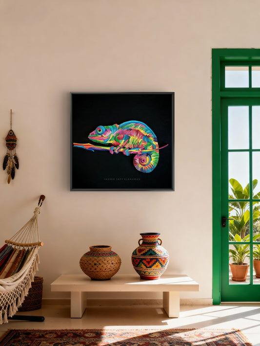 Vibrant chameleon mosaic paper quilling artwork by Yasser Safy Elrahman, featuring colorful, intricate paper coils forming a lively chameleon image.