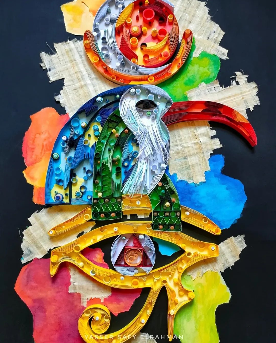 Artwork titled Trismegistus: The Alchemy of Awareness by Yasser Safy Elrahman, featuring mystical alchemical symbols and vibrant colors.