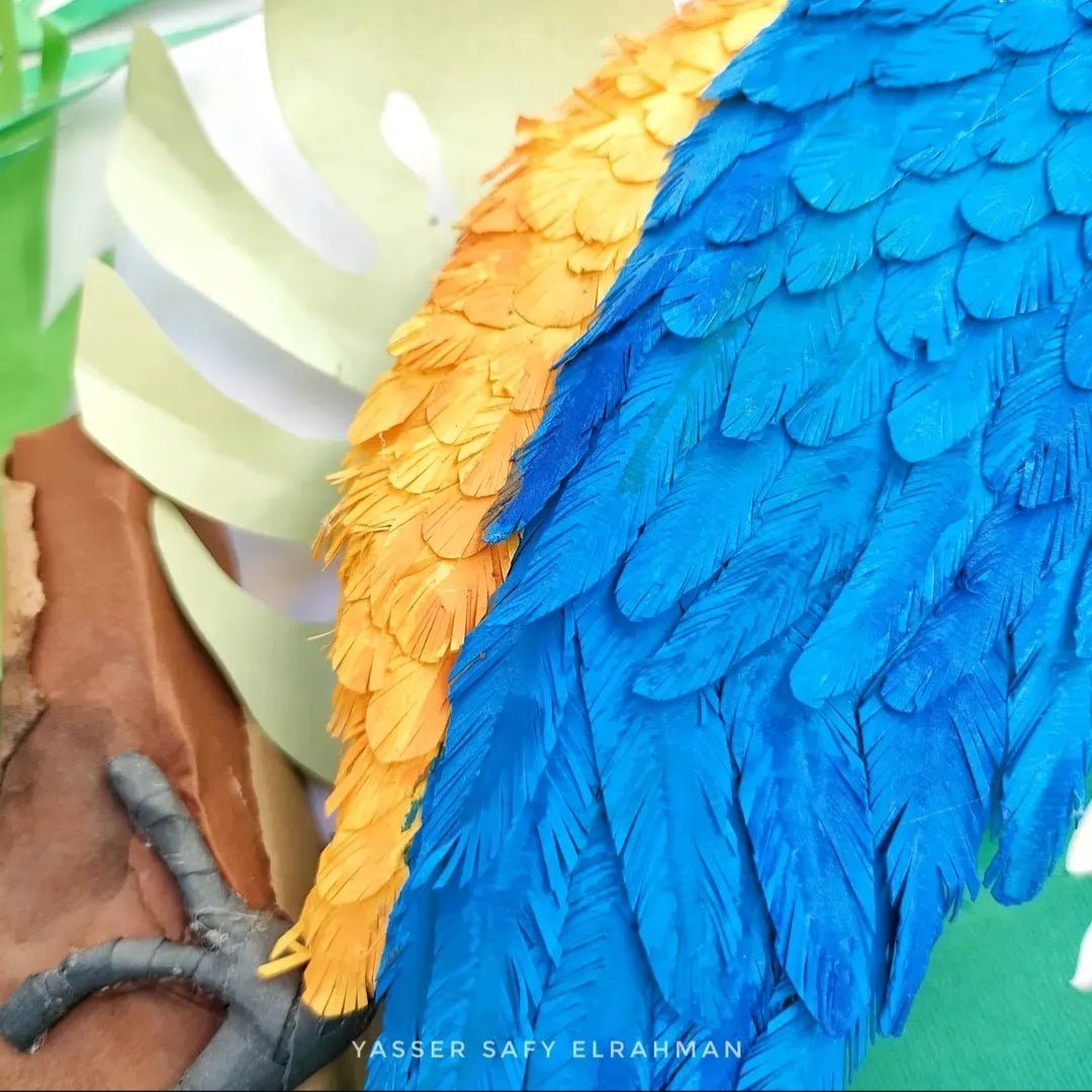 Colorful tropical artwork featuring parrots by Yasser Safy Elrahman, showcasing vibrant parrots in a lush jungle setting.