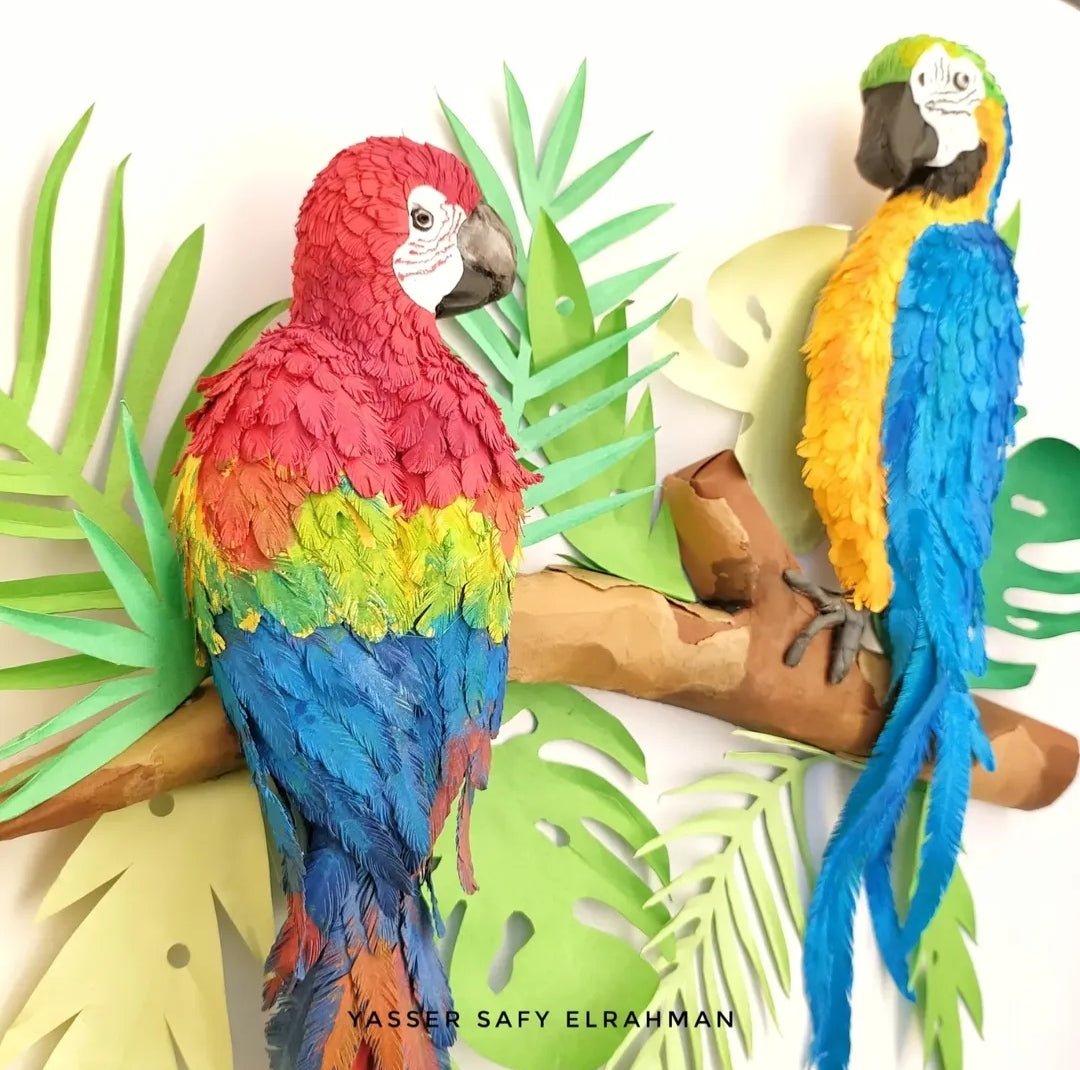 Colorful artwork by Yasser Safy Elrahman featuring tropical parrots in a vibrant, detailed portrait scene.