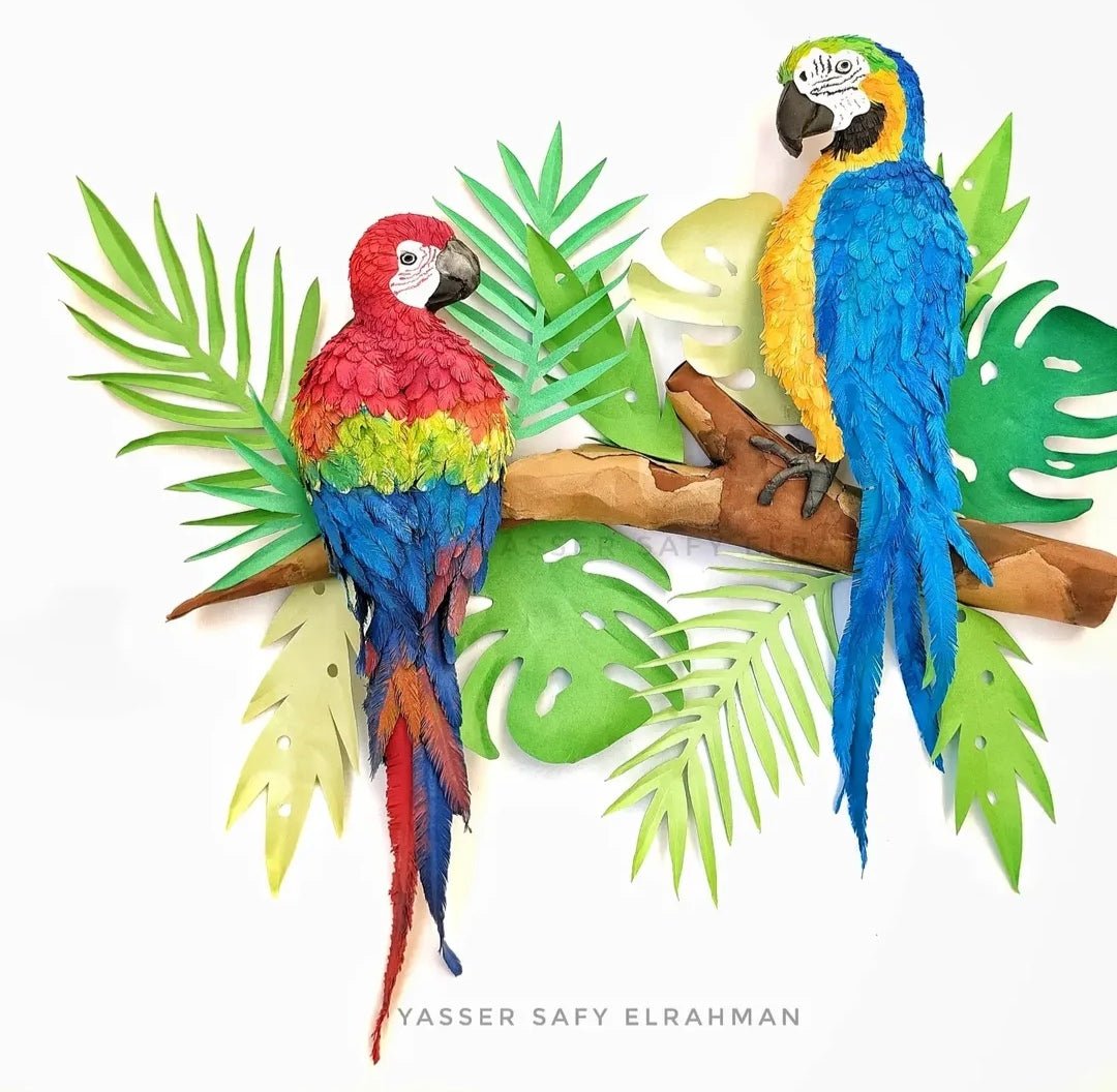Colorful artwork of tropical parrots by Yasser Safy Elrahman, showcasing vibrant feathers and a lush jungle background.