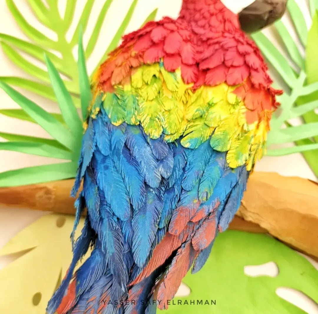 Colorful artwork of tropical parrots by Yasser Safy Elrahman, featuring vibrant bird portraits on a lush background.
