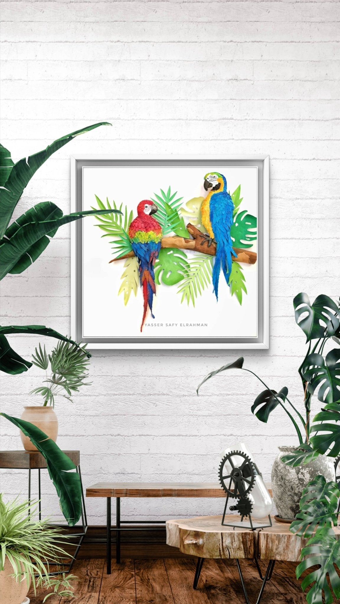 Colorful tropical parrot artwork by Yasser Safy Elrahman, featuring vibrant feathers and a detailed portrait of exotic parrots.