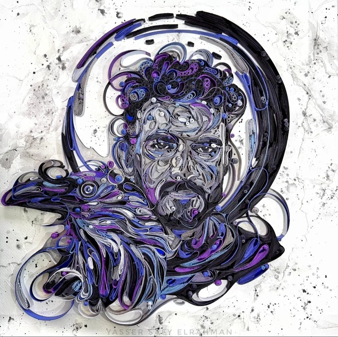 Self-portrait artwork titled "Within the Shadows, I Rise" by Yasser Safy Elrahman, featuring expressive brushstrokes and moody tones.
