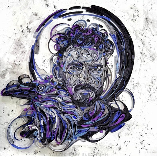 Self-portrait artwork titled "Within the Shadows, I Rise" by Yasser Safy Elrahman, featuring expressive brushstrokes and moody tones.