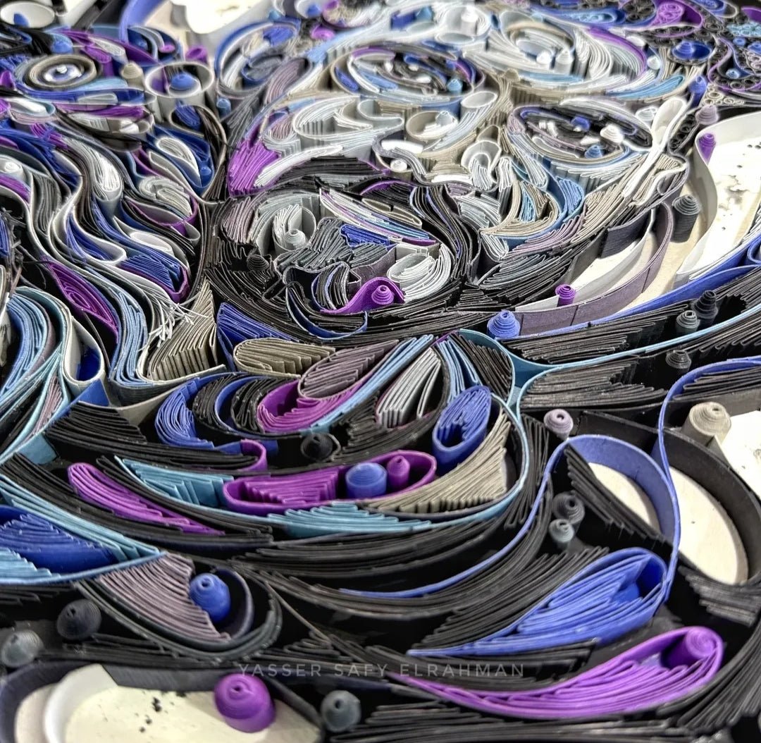 Self-portrait artwork titled "Within the Shadows, I Rise" by Yasser Safy Elrahman, featuring abstract shadowy figures.