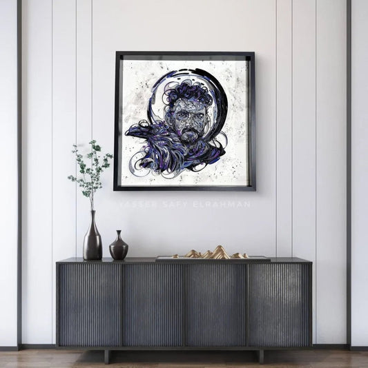 Self-portrait artwork titled "Within the Shadows, I Rise" by Yasser Safy Elrahman, featuring expressive brushstrokes and shadowy tones.