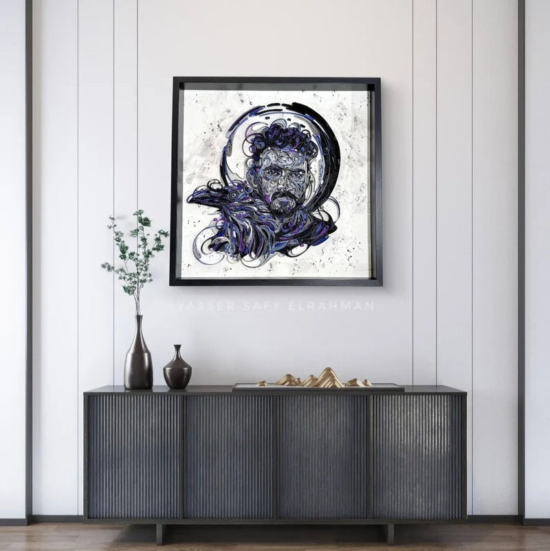 Self-portrait artwork titled "Within the Shadows, I Rise" by Yasser Safy Elrahman, featuring expressive brushstrokes and shadowy tones.